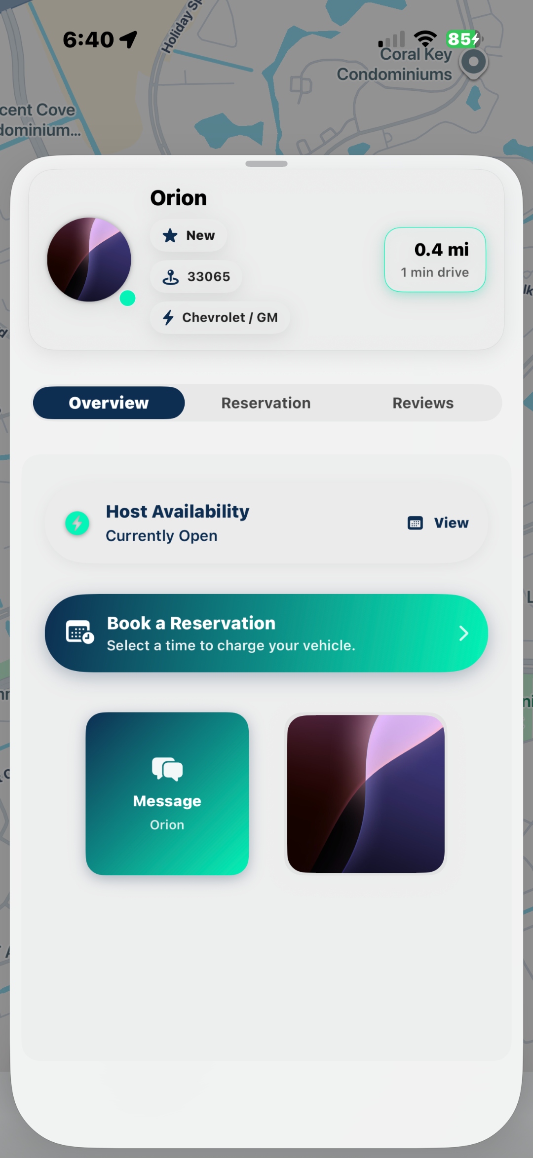 EZchargez app: Orion host profile with Book a Reservation button — 0.4 mi, currently open