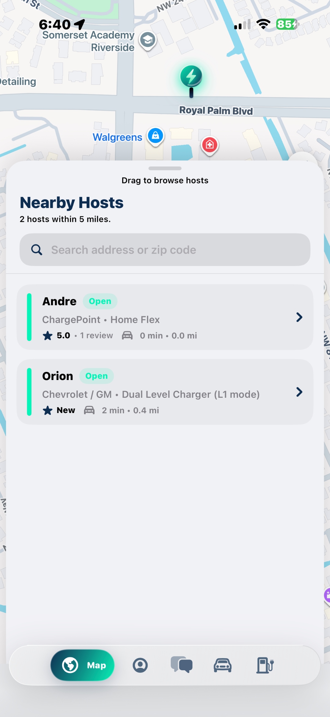 EZchargez app: nearby hosts map showing Andre and Orion available on Royal Palm Blvd