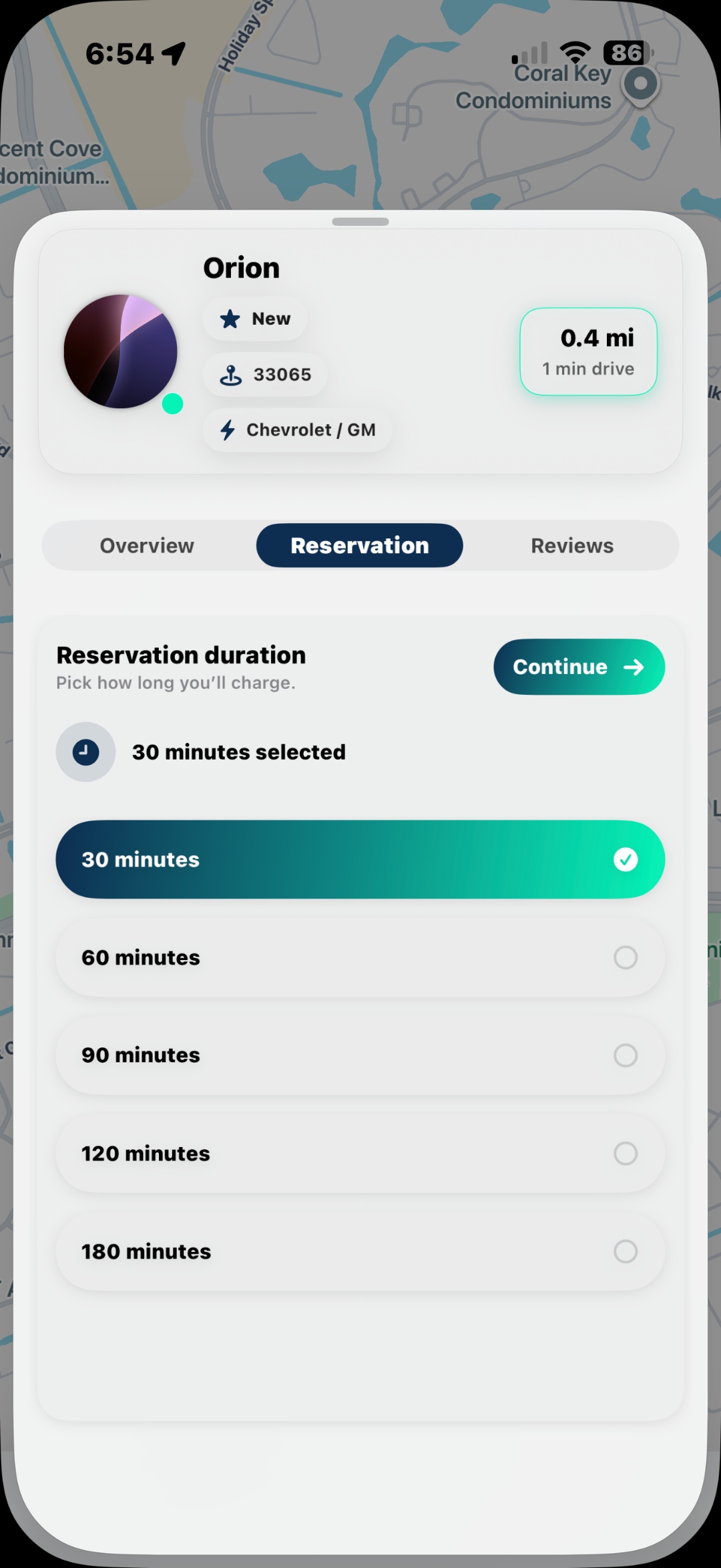EZchargez app: reservation duration picker for Orion — 30 to 180 minute options