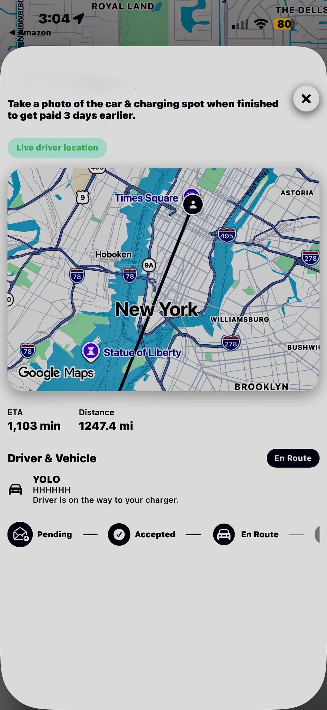 EZchargez app: live driver location map showing driver en route, ETA and distance
