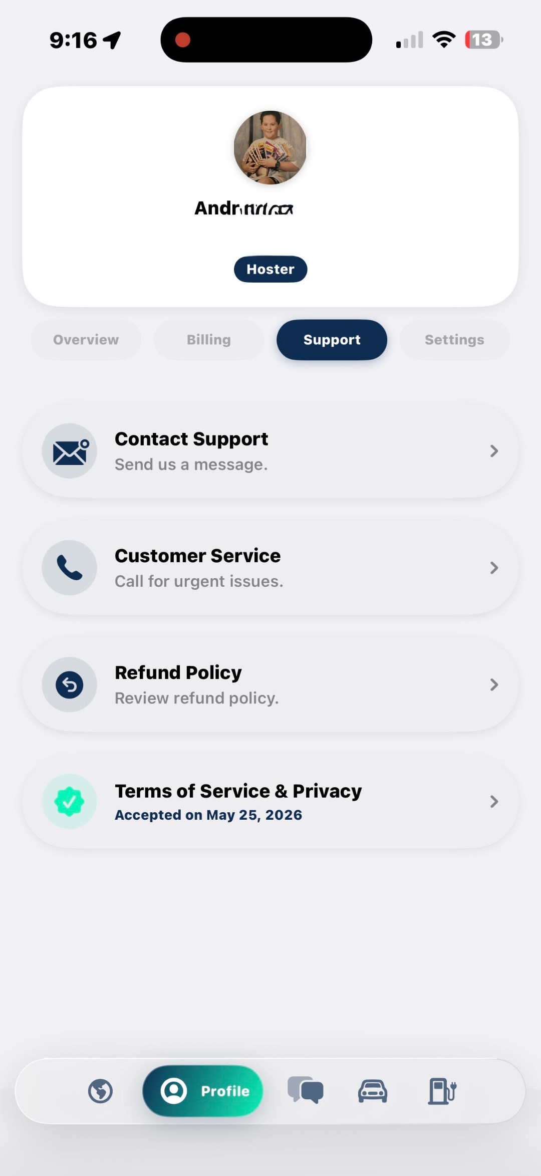 Support screen with contact, customer service, refund policy and terms
